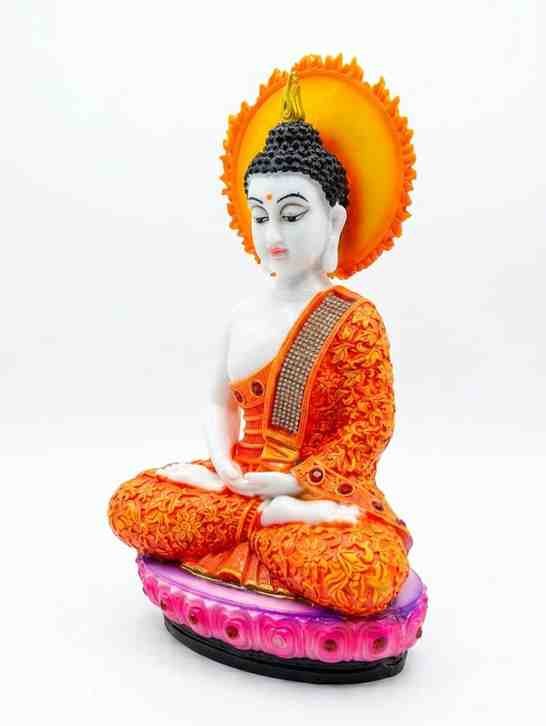 Meditating Buddha Idol in Orange Robe with Lotus Base – Marble Dust - Image 3 - Blessing Gifts