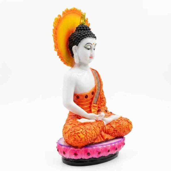 Meditating Buddha Idol in Orange Robe with Lotus Base – Marble Dust - Image 2 - Blessing Gifts
