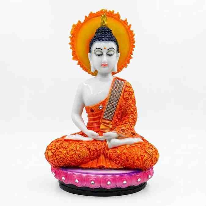 Meditating Buddha Idol in Orange Robe with Lotus Base – Marble Dust - Gifts - Blessing Gifts